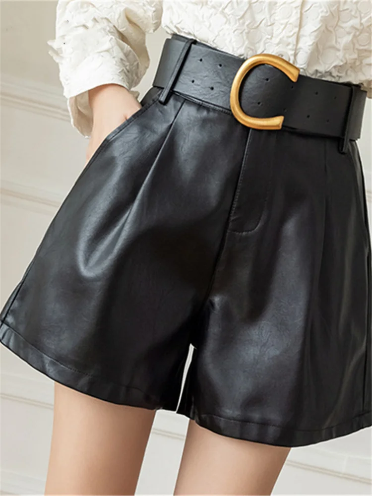 

Hot sale skirt,2023 Green Women's PU Leather Shorts with Belted New Stylish Pocket Elegant Casual Shorts Trousers Female Autumn