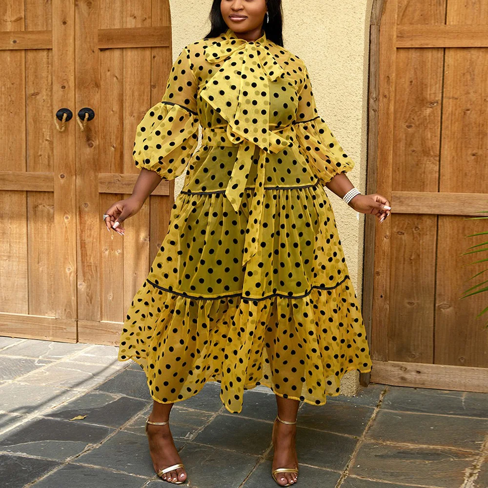 

Elegant Women Dresses for Party and Birthday Yellow Polka Dot Transparent Bow High Waisted See Throught Vestidos Mujer Dress Hot