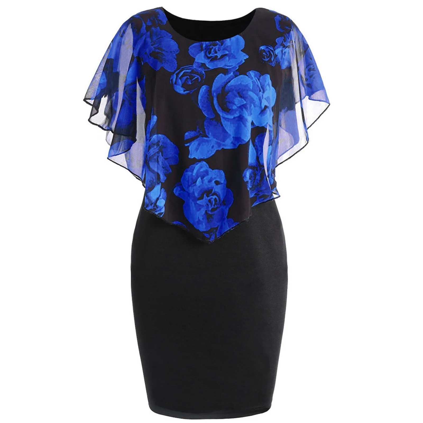 

Fashion Womens Casual Rose Print Chiffon O Neck Ruffles Mini Dress Summer Tunics