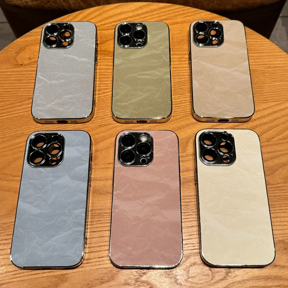 Кожаный чехол Ripple Plating для iPhone 16 13 14 11 12 15 Pro Max Plus защитный объектива камеры жесткий