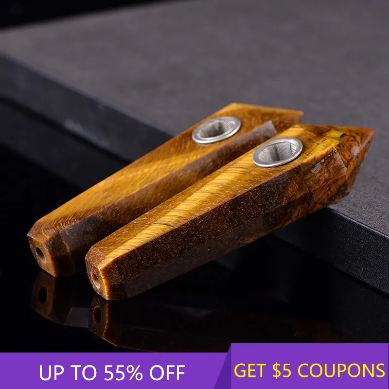 

Natural Tiger's Eye Gemstone Quartz Smoking Pipe Healing Crystal Point Stone Obelisk Rock Tobacco Wand Pipes W/ Carb Hole Gift
