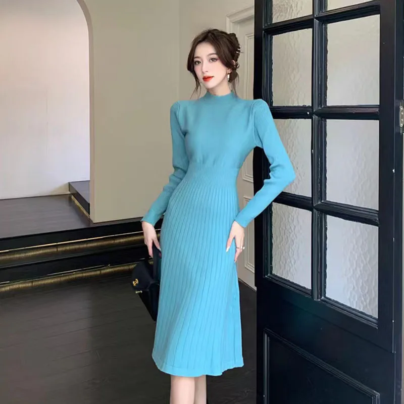 

Blue Knitted Dress Women's Spring Autumn New French Round Neck Long Sleeve Slim Elegant Solid Color Medium Long Sweater Dress