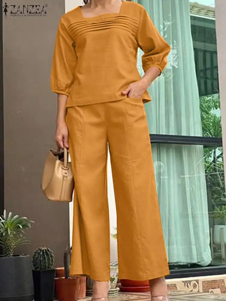 

Костюм ZANZEA женский из двух предметов, модная блузка с квадратным вырезом и рукавом 3/4, свободные штаны, офисная одежда, спортивные костюмы, на лето