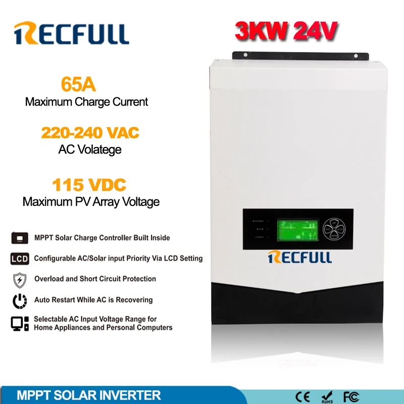 

3KW Solar Inverter 12V 220V AC Pure Sine Wave MPPT Solar Inversor Build In 65A Solar Controller