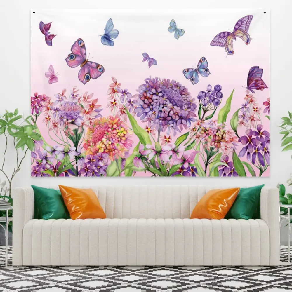 

Гобелен с растениями, цветочным рисунком, фиолетовые цветы, дикие цветы, бабочка и зеленое искусство, украшение для гостиной, спальни, насте...