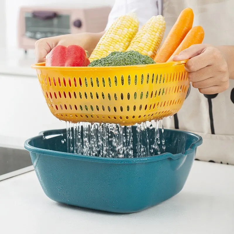 

Small Kitchen Double Drain Basket Bowl Washing Storage Basket Strainers Bowls Drainer Vegetable Cleaning Tool