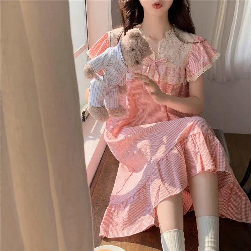 Korean Cute Lacework Embroidery Princess Nightgown Women Summer Short Sleeve Plaid Sleepdress Bow Tie Home Clothes Ruffles S075