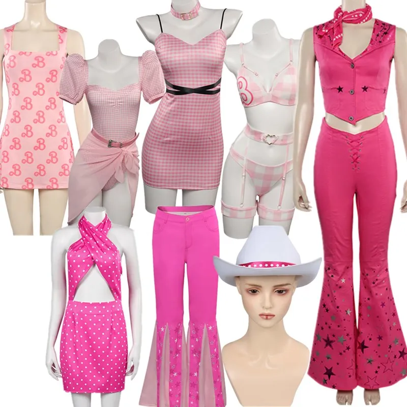 

Barbier Margot Cosplay Costume Women Dress Retro Bell-Bottoms Pants Hat Lingerie Outfits Halloween Carnival Party Suit
