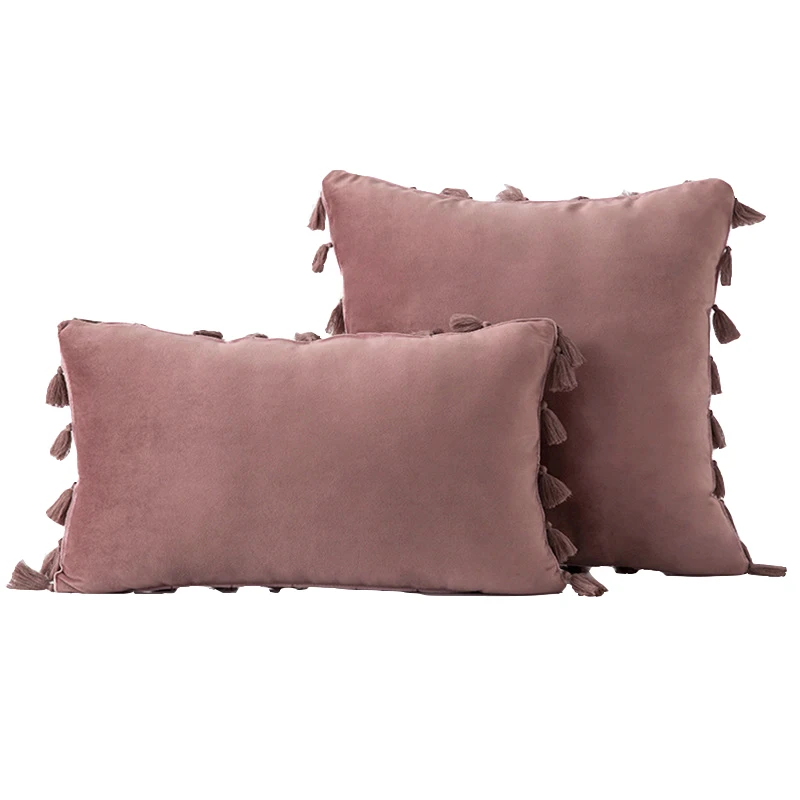 Promotion New Tassel Velvet Sofa Pillow Cover Solid Color Plush Bedside Rectangular Cushion Fringe Pillowcase Vintage Knot |