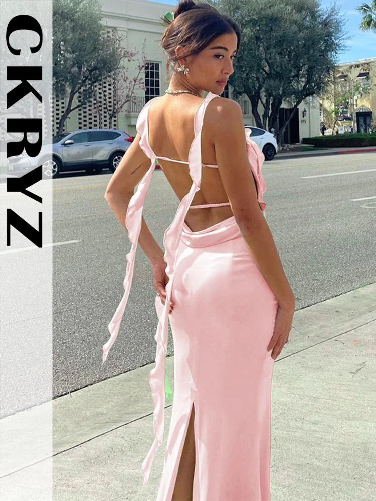 

Ladies Summer Ruffle Y2K Clothes Sleeveless Backless Bandage Bodycon Maxi Dresses For Women New Fashion Birthday Party Club Wear