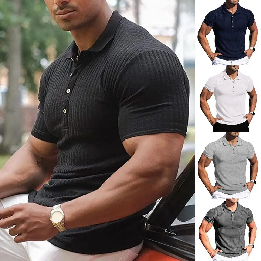 

Футболка мужская с отложным воротником, рубашка в Вертикальную Полоску, на пуговицах, с коротким рукавом, однотонная уличная одежда для сви...