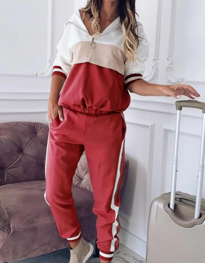 

Women's tracksuit Color Matching Sports Sets Two Piece 2023 Loose Casual Long Sleeved Top and Pockets Design Long Pants Sets