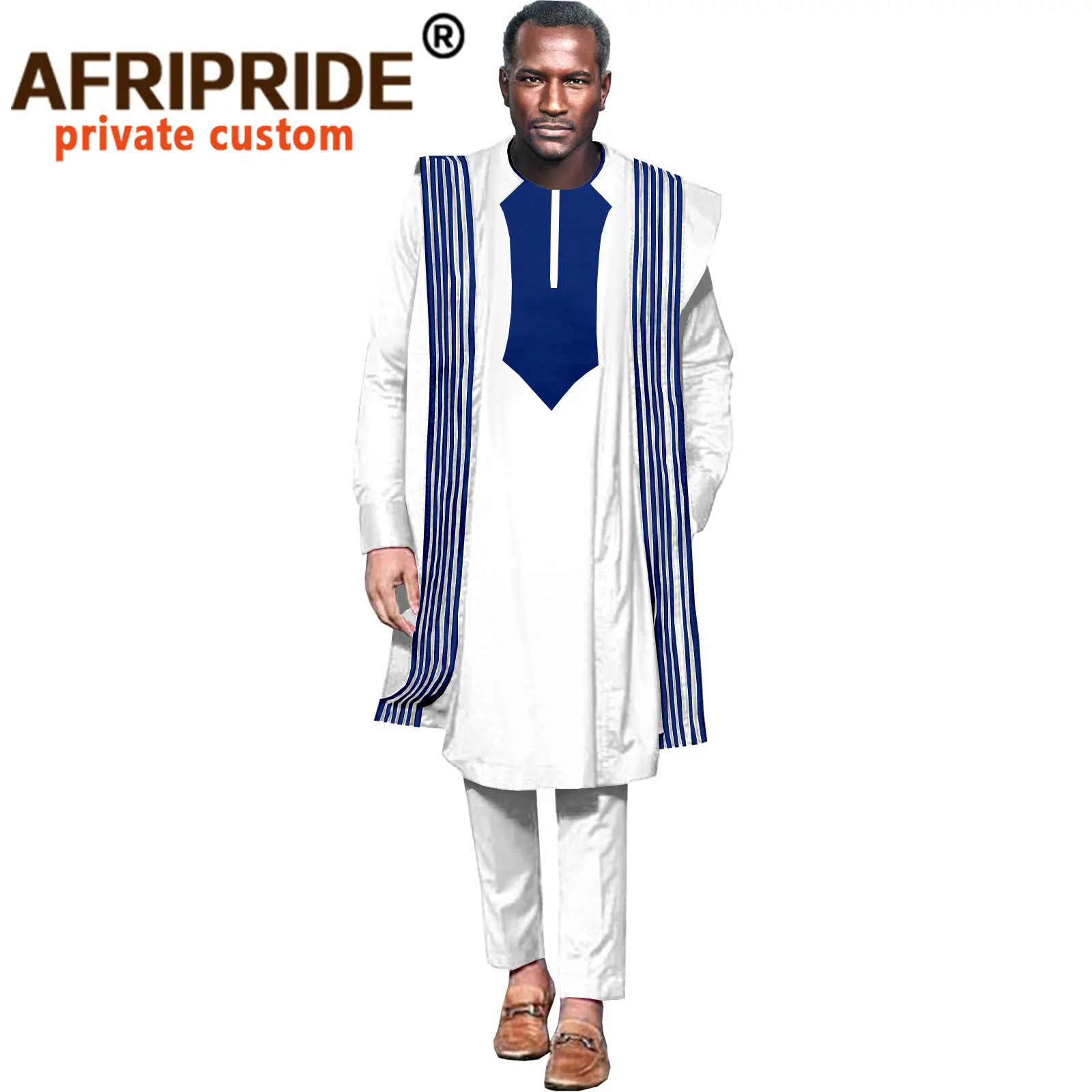 Bazin Riche African Clothing for Men Agbada Robe Shirts and Pants 3 Piece Set Long Sleeve Formal Attire for Wedding A2116009