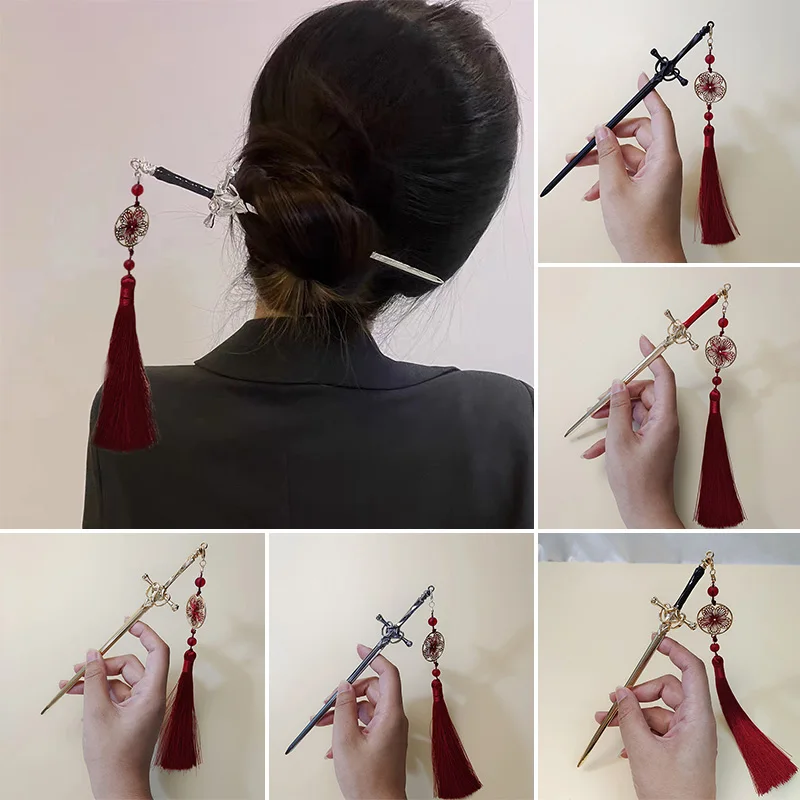 Винтажные шпильки для волос с подвеской в виде меча и кисточки женщин девушек