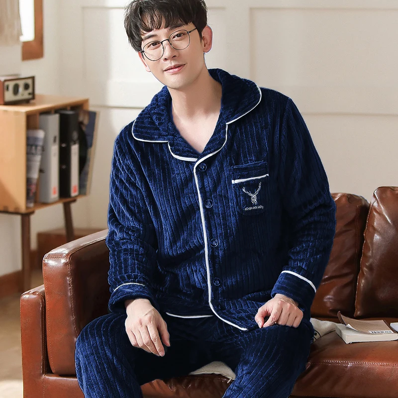 Plus Size 3XL White Nightwear Long Sleeve Winter Thicken Warm Flannel Pajamas Sets Soft Sleepwear Long Pant Male Men Pajamas Set