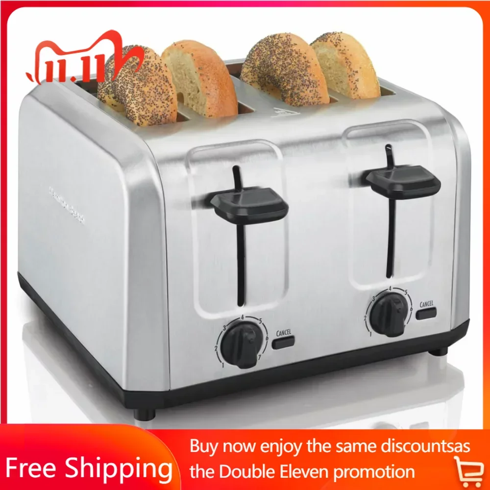 

Brushed Stainless-Steel 4-Slice Toaster - Silver Electric Toasters on Offer Bread Cooking Appliances Kitchen Home