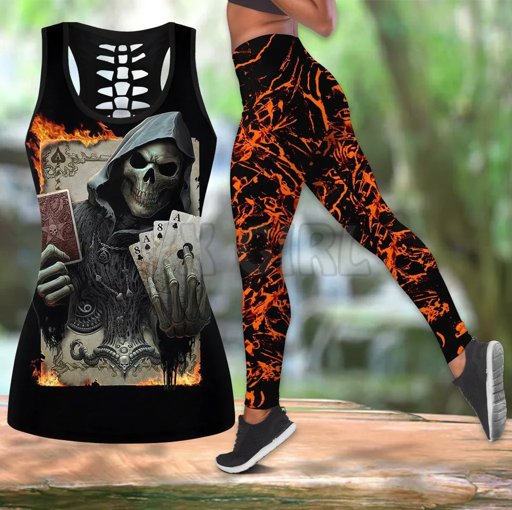 Skull Fire Playing Card Combo Tank Top + Legging 3D Printed Tank Top+Legging Combo Outfit Yoga Fitness Legging Women