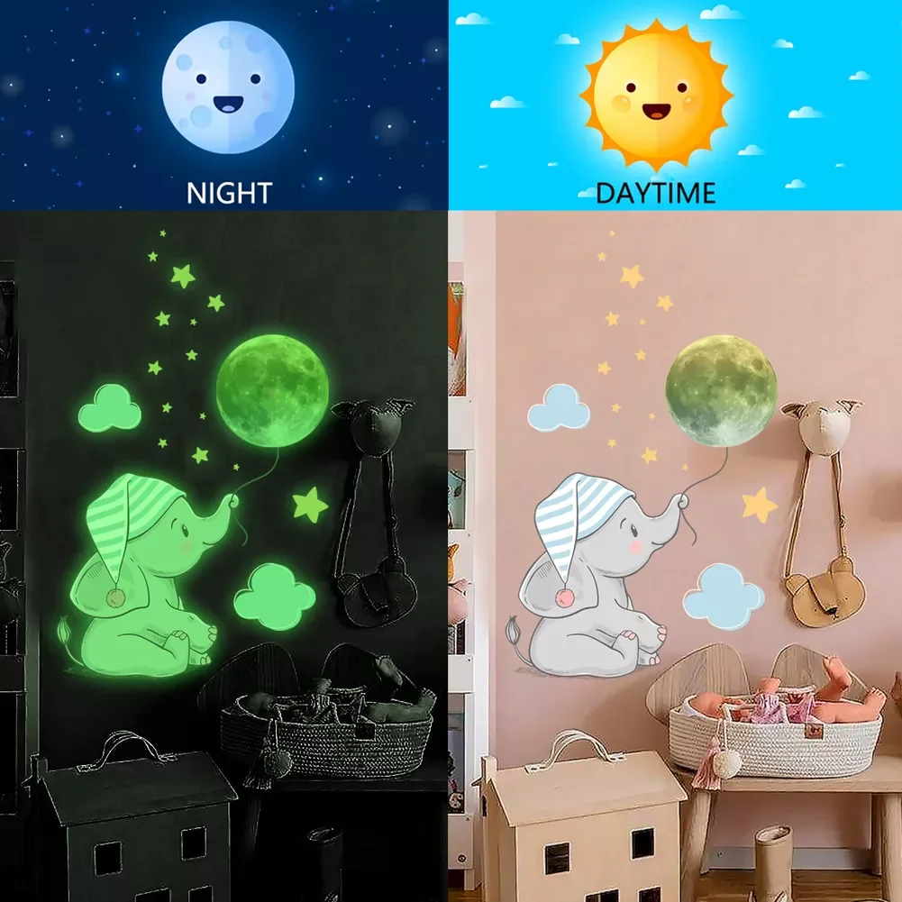 

Baby Elephant Moon Luminous Wall Sticker For Baby Kids Room Bedroom Home Decoration Decals Glow In The Dark Combination Stickers