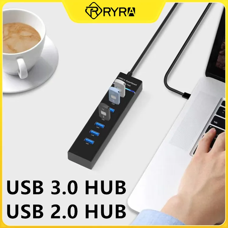 

Высокоскоростной Внешний USB-концентратор RYRA с 7 портами USB 3,0, концентратор USB 2,0 с кабелем, мини-концентратор, разветвитель с узором, Кабель-ад...