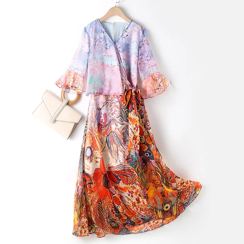 

European Station Summer New Women's Retro Printed Horn Sleeve Cross V-neck Ribbon Temperament Silk Dress Mulberry Silk Dress