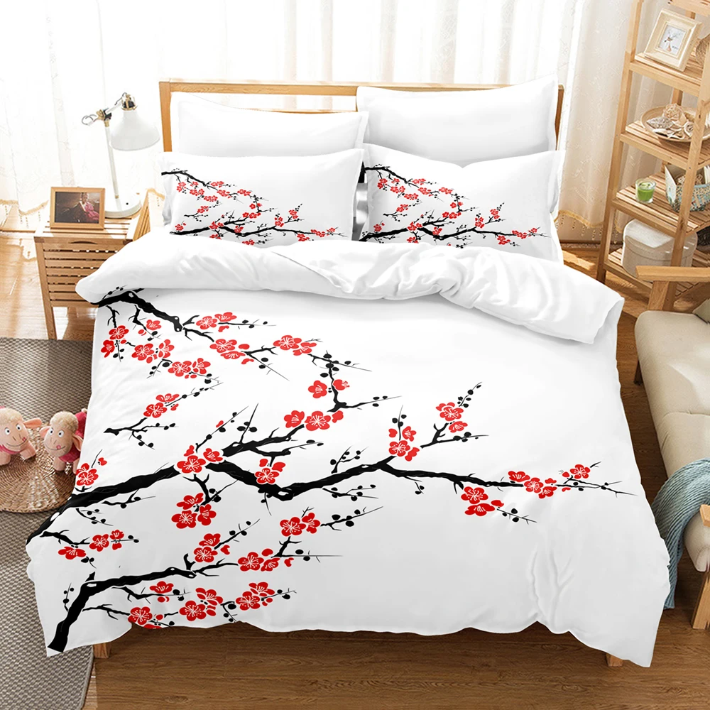 

New 3D plum blossom sakura Bedding Sets Duvet Cover With Pillowcase Children Twin Full Queen King Bedclothes