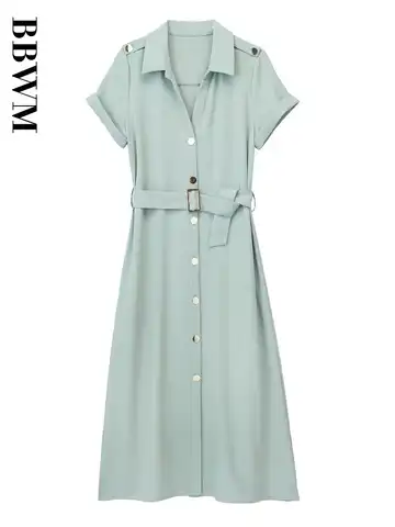 Shirt Style Dress Woman With Belt Long Dress Women Edge Curl Short Sleeve Midi Dresses for Women 2023 Summer Chic Elegant Dress