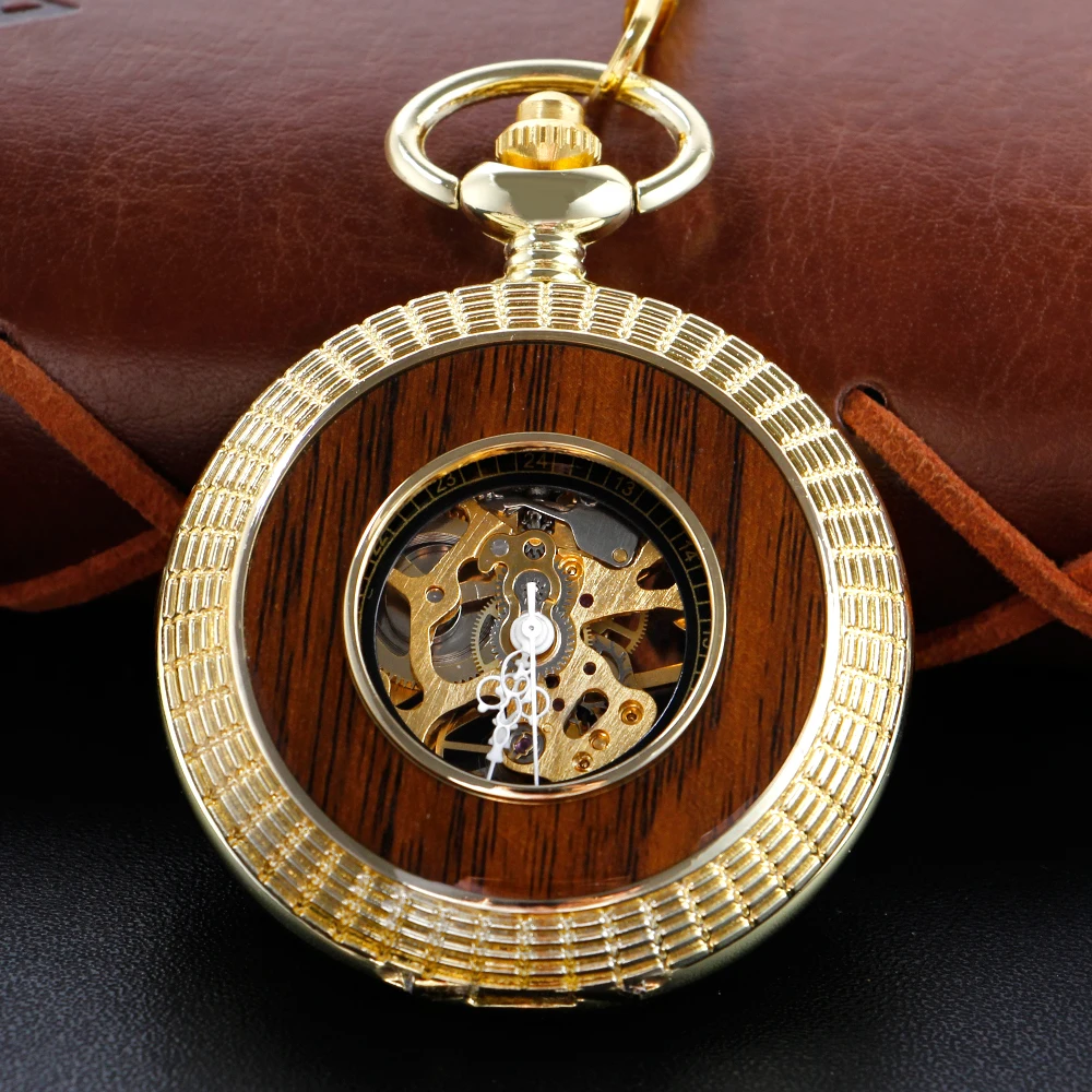 Wooden Vintage Pocket Watch Mechanical Men's and Women's Handbag Steam Punk Necklace Fob Watch Chain Roman Digital Clock Gift