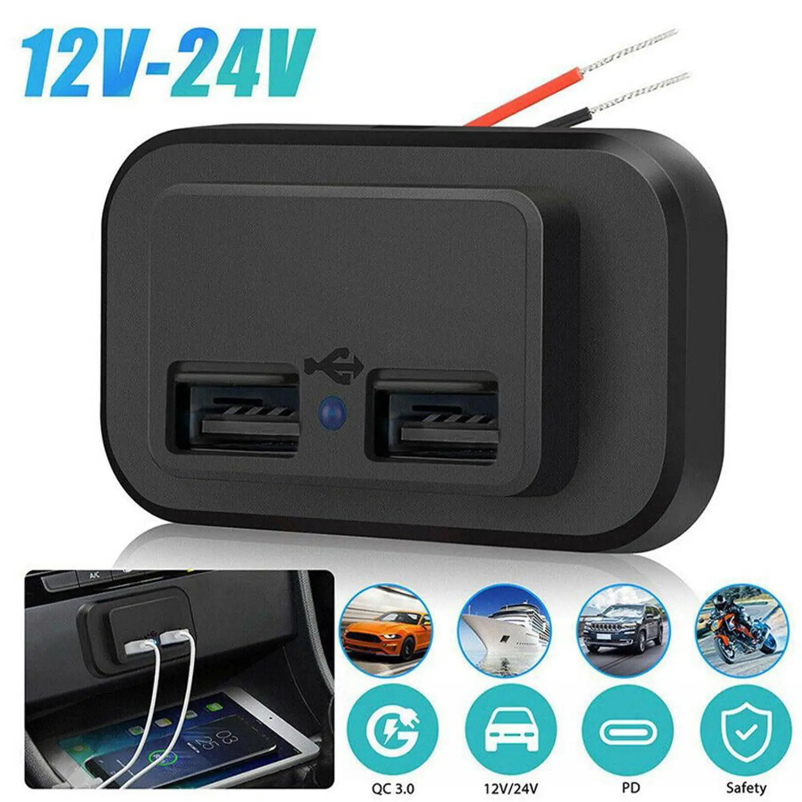 

12-24V 4.8A Dual USB Charger Power Socket Adapter Charging Panel Mount for Motorbike Car Boat ATV UTV Camper Caravans