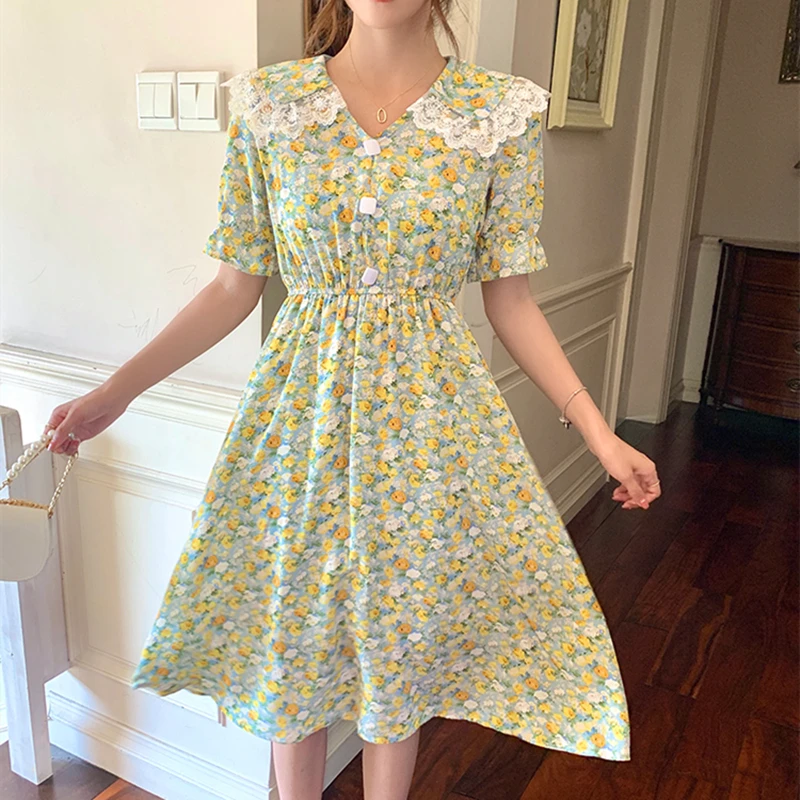 

Plus Size Short Sleeves Women's Dress 2022 Summer Chiffon Baggy Korean Broken Flower Fashion Medium and Long Skirt Female Dress