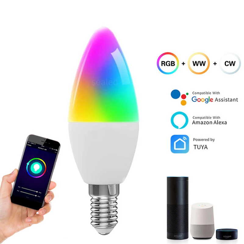 Smart WiFi Light E14 Light Bulb TUYA RGBCW Color Changing and Dimmable Function, Compatible with Alexa and Google