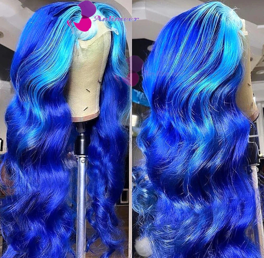 

Ombre Blue Wigs for Women Body Wave Frontal Wig 13x4 Glueless Lace Front Wigs Human Hair Pre Plucked with Baby Hair For Women