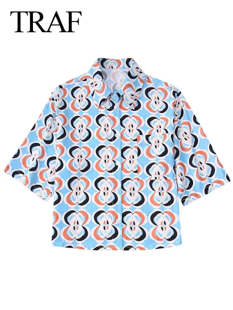 

TRAF New Fashion Trend Elegant Print Lady Shirt Cool Lightweight Casual Loose Short Sleeve Single Breasted Women Clothing