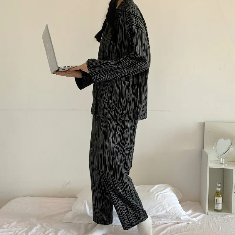 Ins Style Spring Autumn New Ladies Striped 2 Pieces Long Sleeve Pajamas Fashion Nightwear Women Chic Casual Homewear
