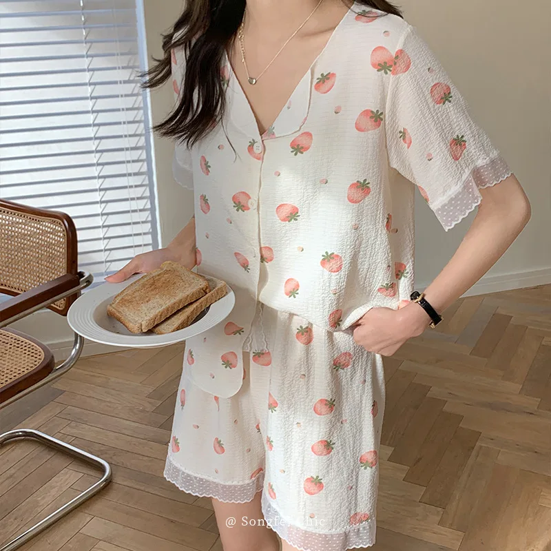 Women's Sleep Pajamas Summer Short Sleeve Shorts Suit New Print Cute Cardigan Homewear Pajama Sets Nightwear Clothes for Women