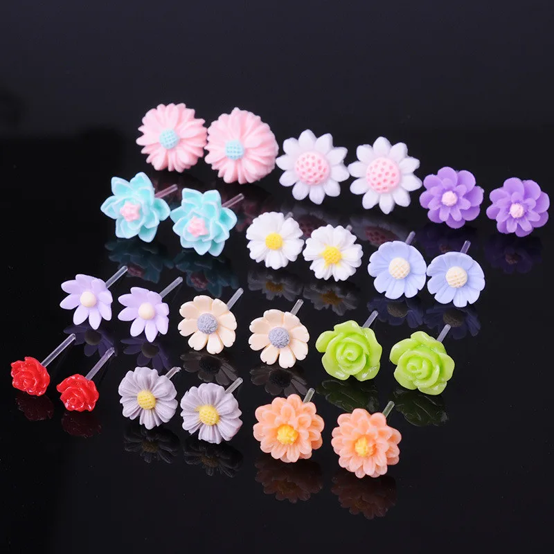 AOMU New Fashion Colorful Rose Chrysanthemum Flower Plastic Stud Earrings Set For Women Party Club Earrings Jewelry 1Set