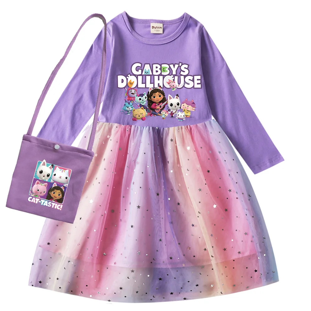 Gabby Dollhouse Cats Dress Kids Wedding Party Sequin Dress Baby Girls Long Sleeve Dresses with Small Bag Birthday Gifts Vestidos
