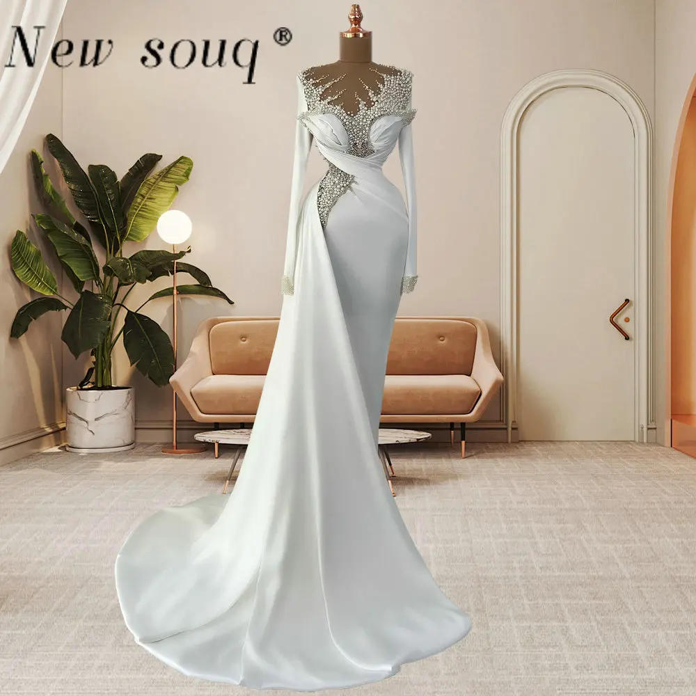

White Elegant Beaded Pearls Long Sleeve Evening Dresses 2023 Satin Mermaid Engagement Party Prom Gowns with Side Train