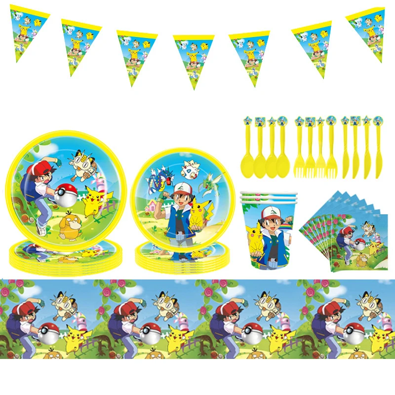 

Новинка, милая аниме-фигурка покемона, декор для детского дня рождения, посуда для пикника, салфетки, соломинки, Пикачу, Мультяшные принадлежности для пикника и вечеринки