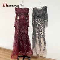 elegant dubai arabic lace evening night dress for women 2022 long sleeves o neck mermaid crystal formal wedding prom party gowns