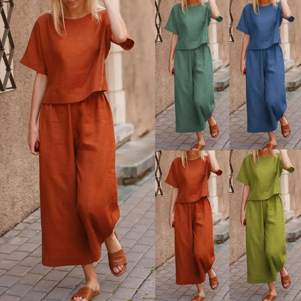 

Fashion Outfit Short Sleeve Loose Women Solid Color Loose T-shirt Pants Set