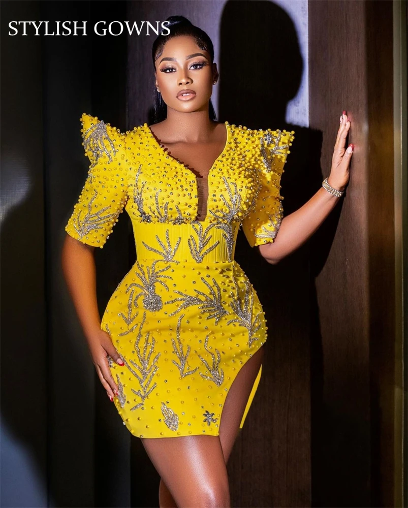 

Aso Ebi African Yellow V Neck Short Prom Dress For Black Girls Beaded Crystal Birthday Party Dresses Mermaid Mini Cocktail