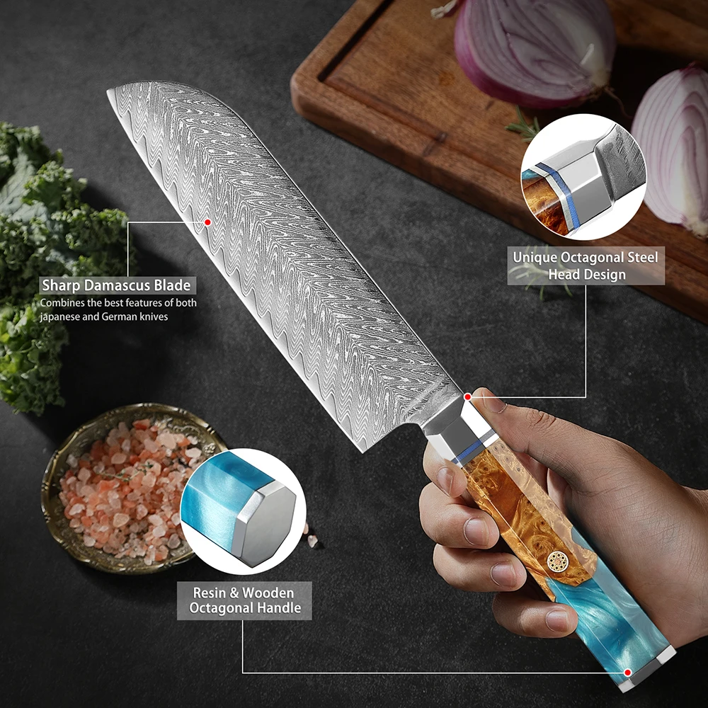 7-дюймовый дамасский нож Сантоку острый кухонный шеф-повара японский из