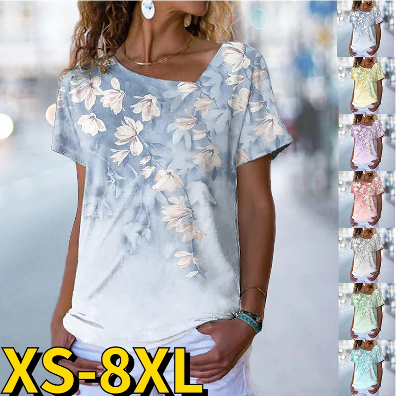 

2022 New Summer Fashion 3D Print T-shirt Flower Pattern Casual Style Top Short Sleeve T-shirt Regular V- Neck Women's T-shirt