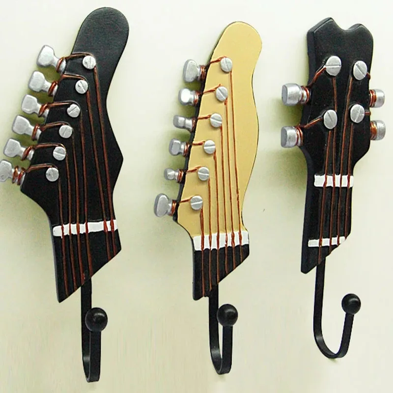 

3Pcs Retro Guitar Heads Hooks Music Resin Clothes Hat Hanger Movie Wall Mounted Hook Watch Key Sundries Hanger Bedroom Organizer