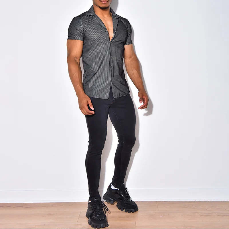 Men Shirt Summer Cardigan Single-Breasted Shirt Women Short Sleeve Turn-down Collar Striped Shirt Hawaiian Beach Vacation Shirt