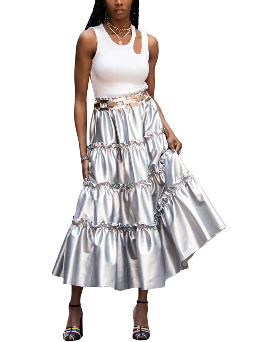 

Women s Sparkling Sequin Embellished High Waist Flared Pleated Skirt Glamorous Tiered Metallic Flowy A-line Midi Skirt