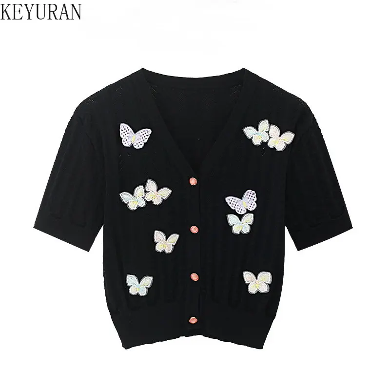 

Embroidery Butterfly Knitted Cropped Cardigan Women 2023 Summer V Neck Thin Short Sleeve Hollow Out Sweater Ladies Knitwear Tops
