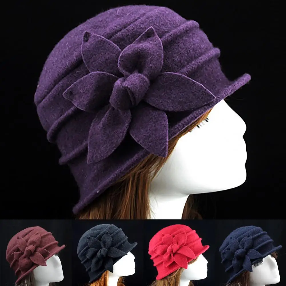 

Wholesale & Dropshipping ！Flower Decor Felt Hat Solid Color Wool Blend Thick Warm Women Winter Hat Fashion Accessories