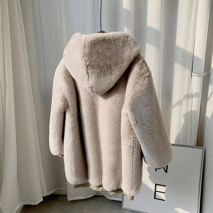 Fur Coat New Women Long Sleeve Winter Fluffy Thick Warm Faux Rabbit Hooded Fur Jacket Coats Black Fashion Outwear High Quality