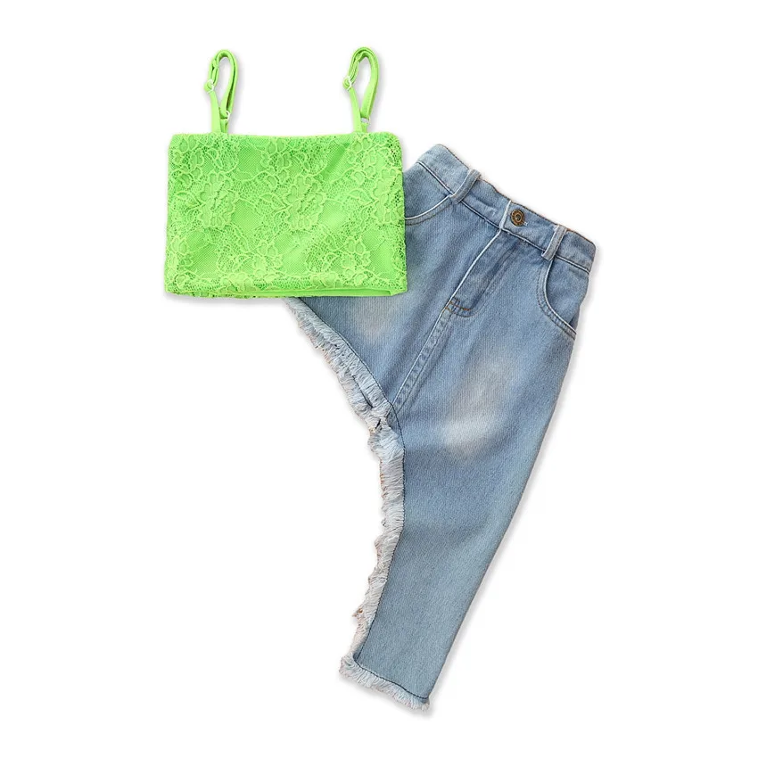

Summer Girl Set Solid Cotton Vest + Denim Skirt Suits for Kids Children Clothes
